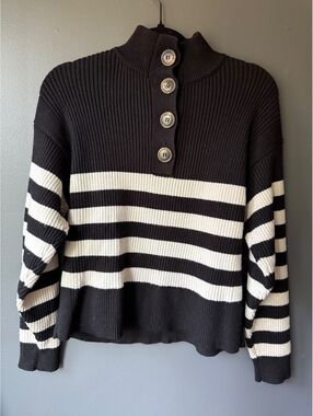 MNG Black and White Striped Ribbed Button-Up Sweater Size M